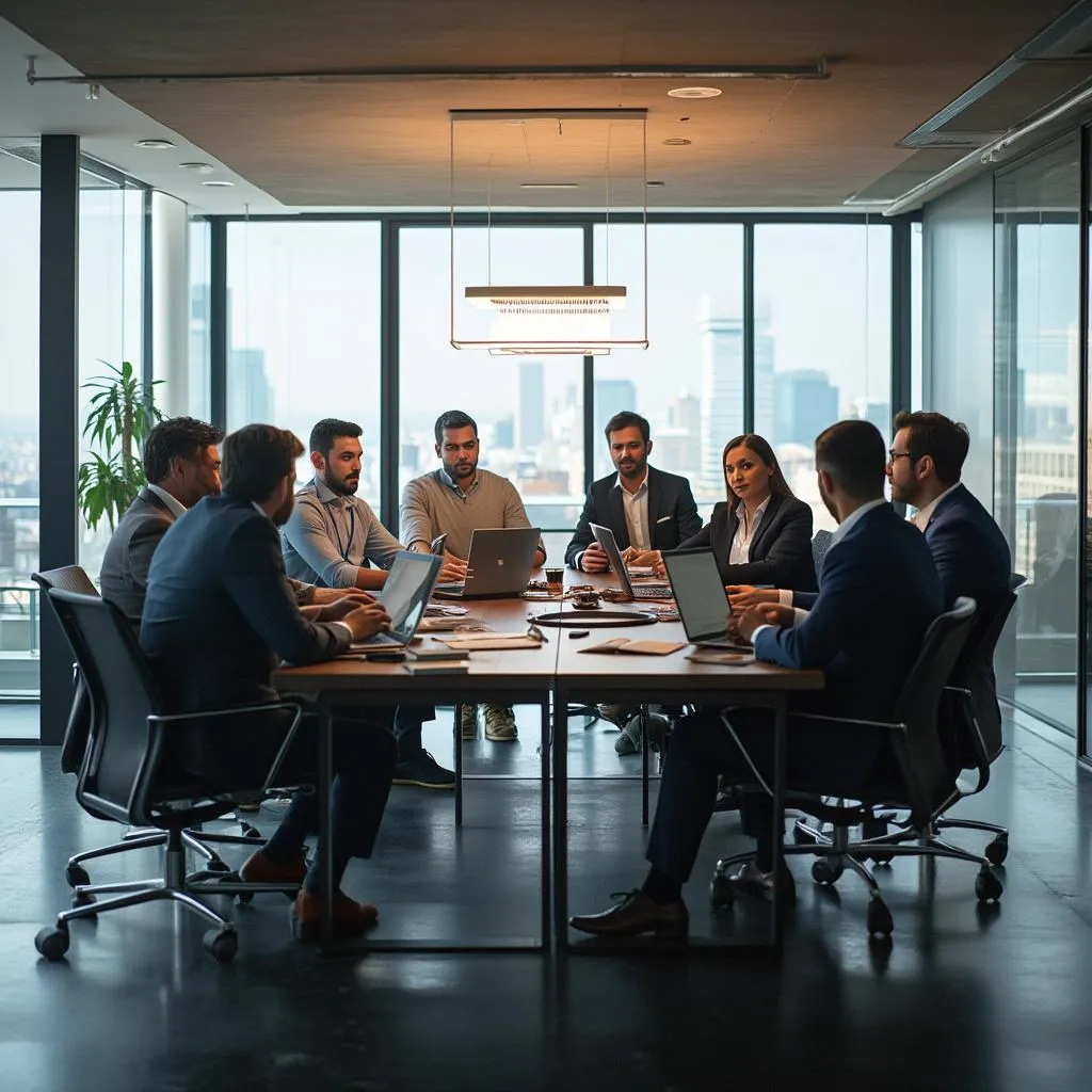 Equipo de FinanzasArg discutiendo estrategias financieras en una oficina moderna en Buenos Aires.